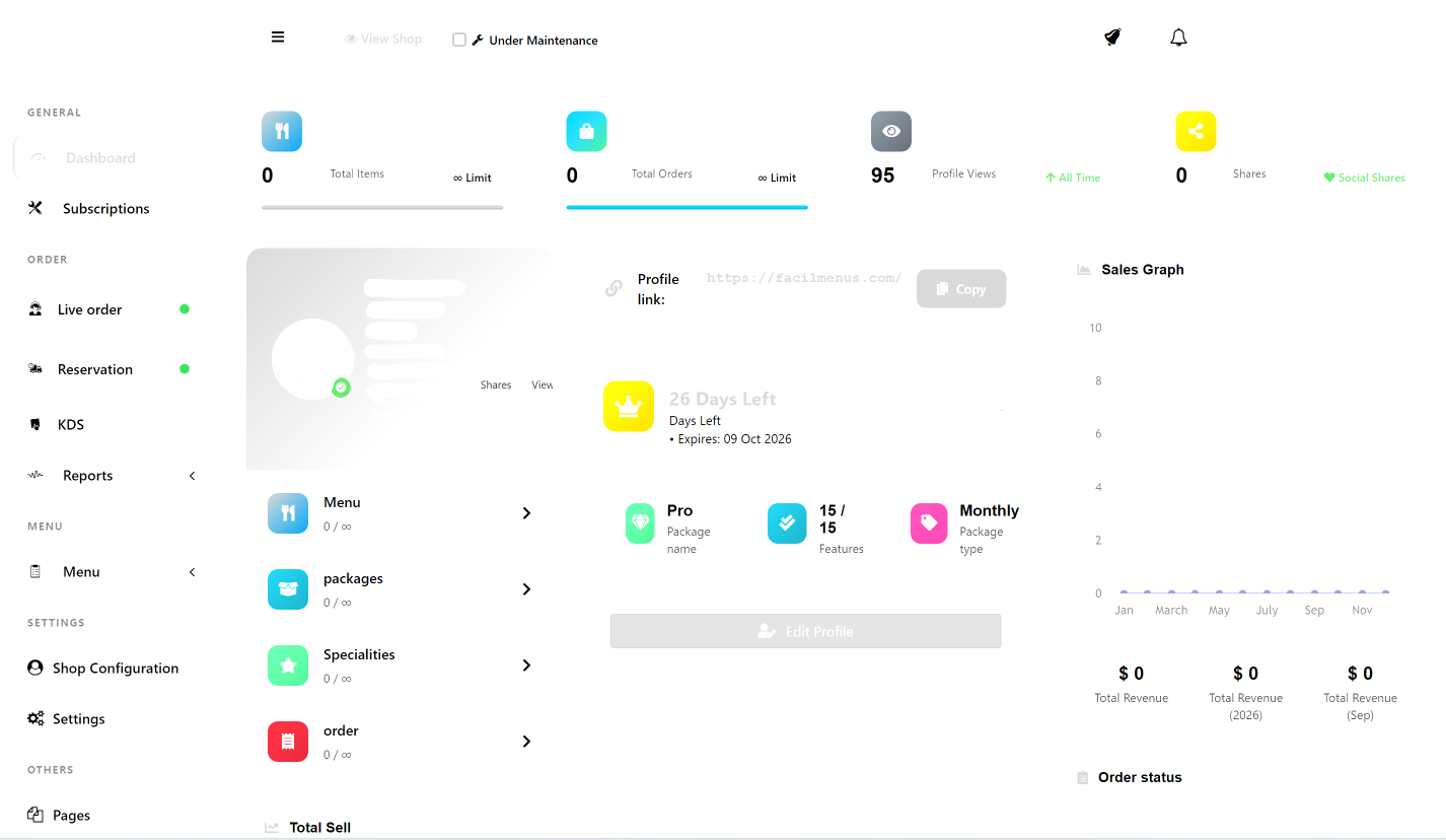 FacilMenus restaurant dashboard showing menu tools, orders, profile views and reports