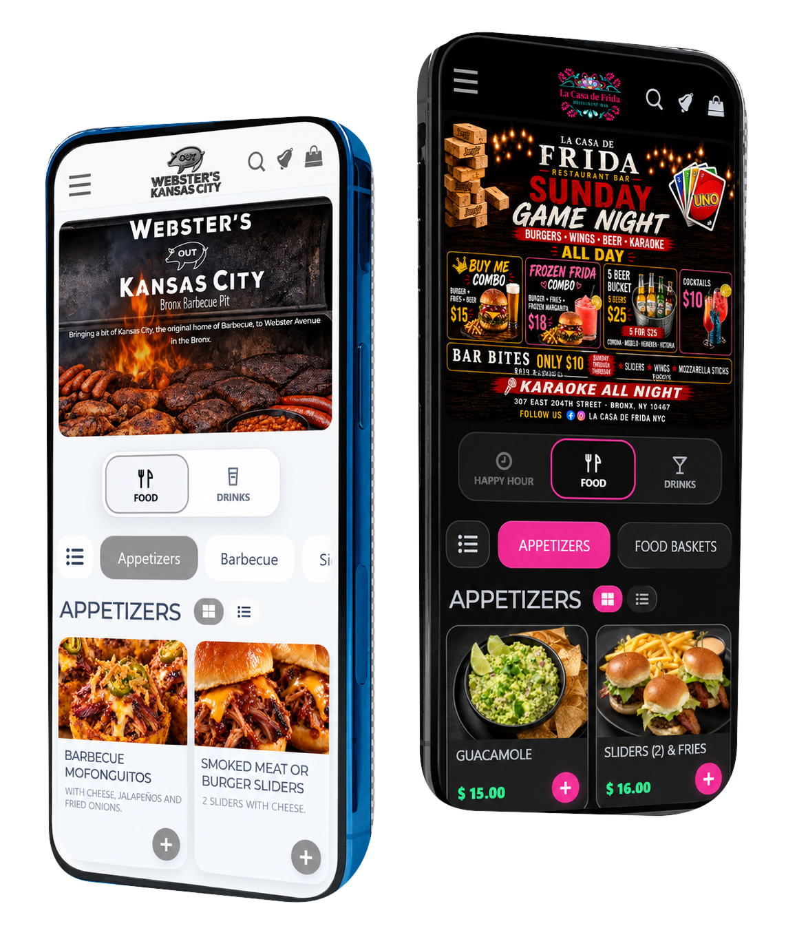 Webster's light menu and La Casa de Frida black menu shown on two phones
